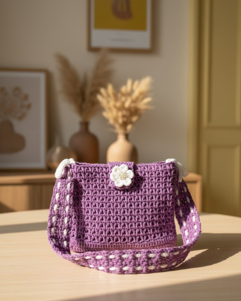 ‘Dainty Daisy’ Shoulder Bag: Hand-Crocheted Crossbody in Royal Plum