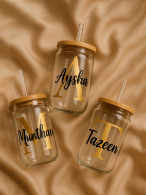 23 Customised Glass Tumbler with Wooden Lid & Straw